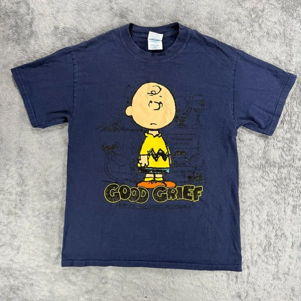 Vintage Peanuts Charlie Brown Good Grief M&O Knits T-Shirt Tee Mens M Navy Blue